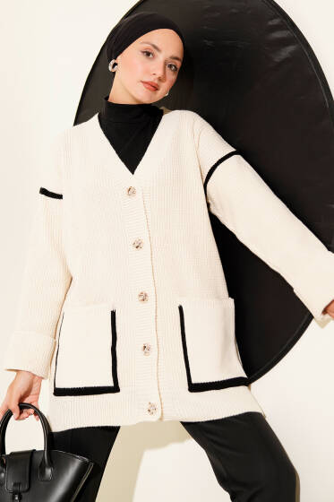 Cepli Gold Düğmeli Triko Hırka Bej - Hırka