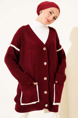 Cepli Gold Düğmeli Triko Hırka Bordo 