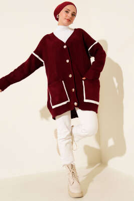 Cepli Gold Düğmeli Triko Hırka Bordo - Hırka