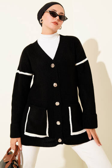 Cepli Gold Düğmeli Triko Hırka Siyah - Hırka