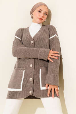 Cepli Gold Düğmeli Triko Hırka Vizon 