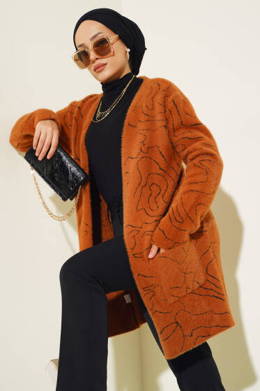 Cepli İzohips Desen Triko Hırka Camel - Hırka