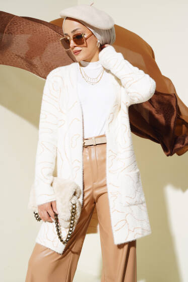 Cepli İzohips Desen Triko Hırka Ekru - Hırka