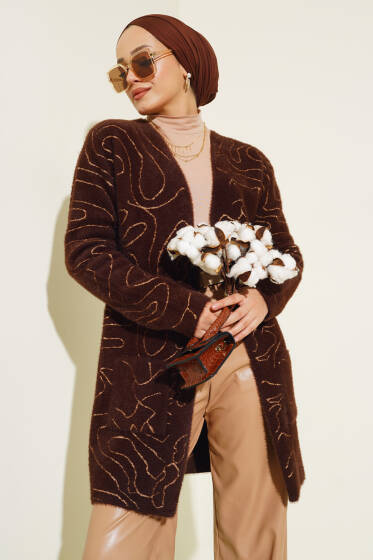 Cepli İzohips Desen Triko Hırka Kahve - Hırka