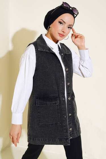 Cepli Kapaklı Kot Yelek Füme - Yelek