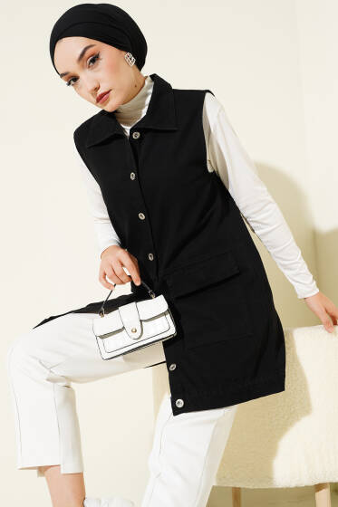 Cepli Kapaklı Kot Yelek Siyah - Yelek