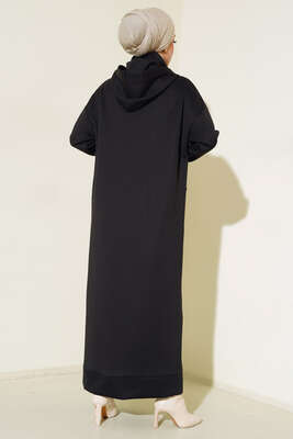 Cepli Kapüşonlu Scuba Elbise Siyah - Thumbnail