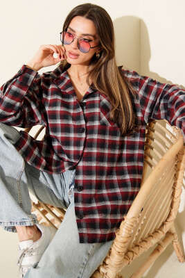 Cepli Kare Çizgili Gömlek Bordo - TİLLE