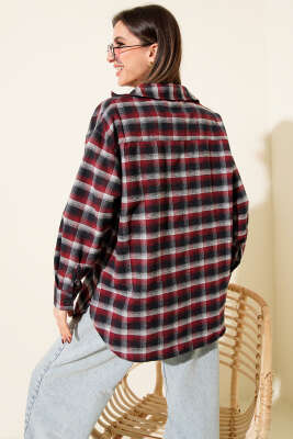 Cepli Kare Çizgili Gömlek Bordo - Kadın Giyim Modelleri