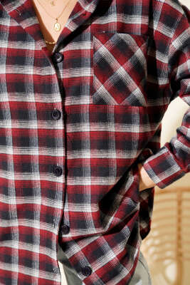 Cepli Kare Çizgili Gömlek Bordo - Kadın Giyim Modelleri