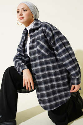 Cepli Kare Çizgili Gömlek Füme - TİLLE