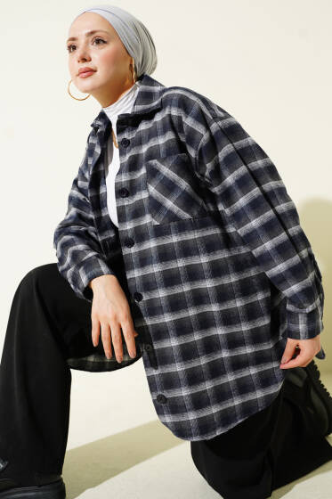 Cepli Kare Çizgili Gömlek Füme - Gömlek