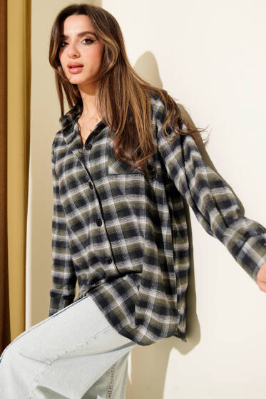 Cepli Kare Çizgili Gömlek Haki - Kadın Giyim Modelleri