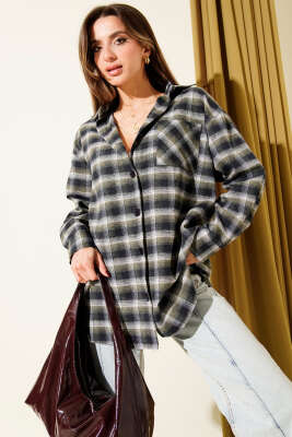 Cepli Kare Çizgili Gömlek Haki - Kadın Giyim Modelleri