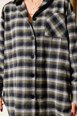 Cepli Kare Çizgili Gömlek Haki - Kadın Giyim Modelleri