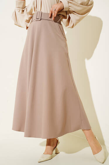 Cepli Kemerli Kloş Etek Bej - Uzun Etek