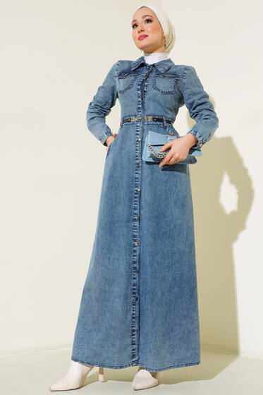 Cepli Kemerli Kot Elbise Kot - Tesettür Elbise