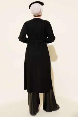 Cepli Kemerli Uzun Hırka Siyah - Hırka