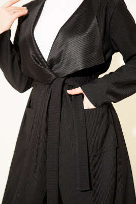 Cepli Kemerli Uzun Hırka Siyah - Hırka