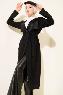 Cepli Kemerli Uzun Hırka Siyah