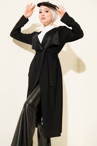 Cepli Kemerli Uzun Hırka Siyah - Yılın Fırsatı