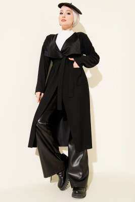 Cepli Kemerli Uzun Hırka Siyah - Yılın Fırsatı