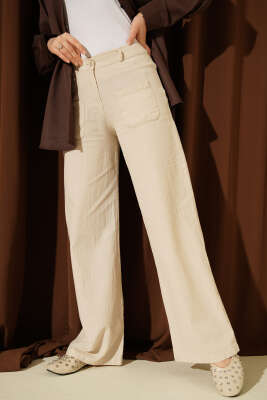Cepli Keten Geniş Paça Pantolon Bej - SAS