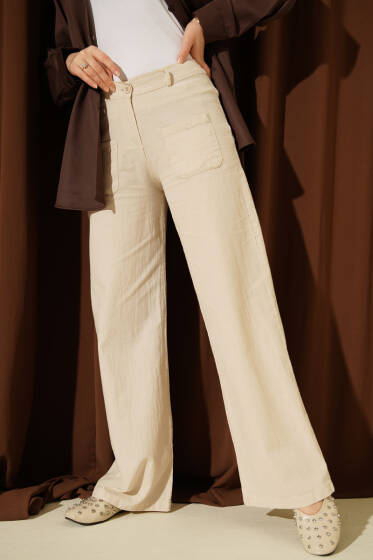 Cepli Keten Geniş Paça Pantolon Bej - Pantolon