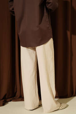 Cepli Keten Geniş Paça Pantolon Bej - Pantolon