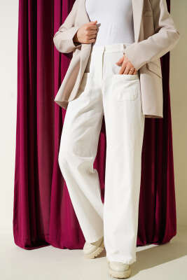 Cepli Keten Geniş Paça Pantolon Ekru - SAS