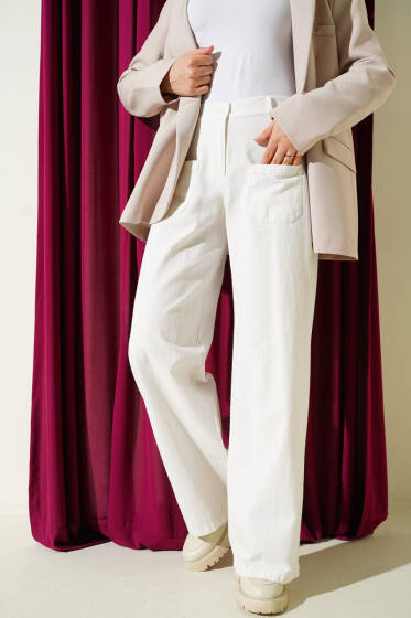 Cepli Keten Geniş Paça Pantolon Ekru - Pantolon