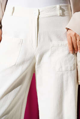 Cepli Keten Geniş Paça Pantolon Ekru - Pantolon