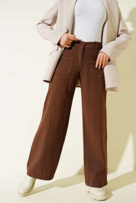 Cepli Keten Geniş Paça Pantolon Kahve - SAS
