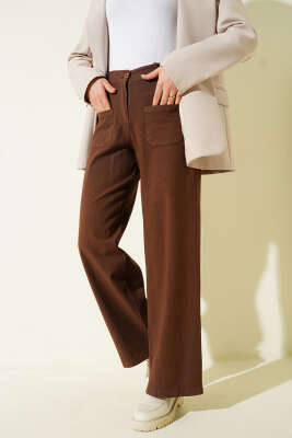 Cepli Keten Geniş Paça Pantolon Kahve - Pantolon