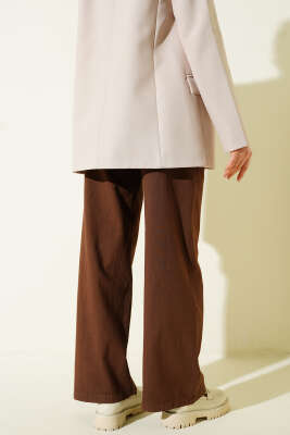 Cepli Keten Geniş Paça Pantolon Kahve - Pantolon