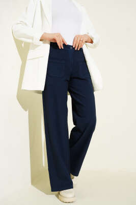 Cepli Keten Geniş Paça Pantolon Lacivert - Pantolon