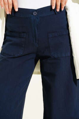 Cepli Keten Geniş Paça Pantolon Lacivert - Pantolon