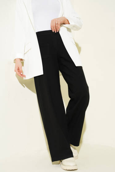 Cepli Keten Geniş Paça Pantolon Siyah - Pantolon