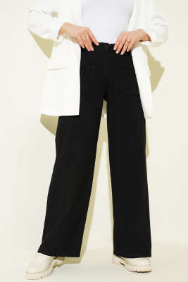Cepli Keten Geniş Paça Pantolon Siyah - Pantolon