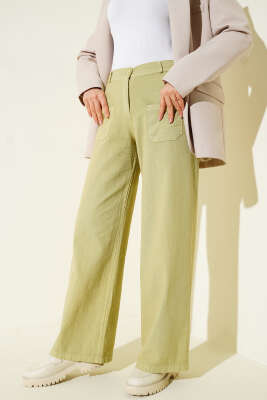 Cepli Keten Geniş Paça Pantolon Yağ Yeşili - Pantolon