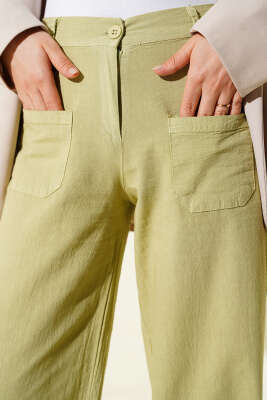 Cepli Keten Geniş Paça Pantolon Yağ Yeşili - Pantolon