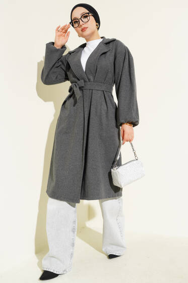 Cepli Kuşaklı Kruvaze Yaka Kaşe Kaban Füme - Kaban