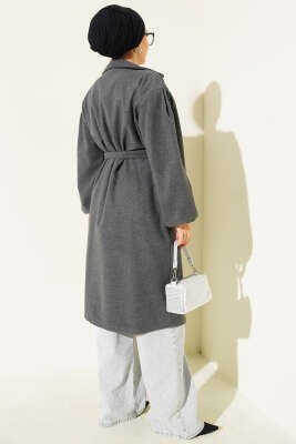 Cepli Kuşaklı Kruvaze Yaka Kaşe Kaban Füme - Kaban