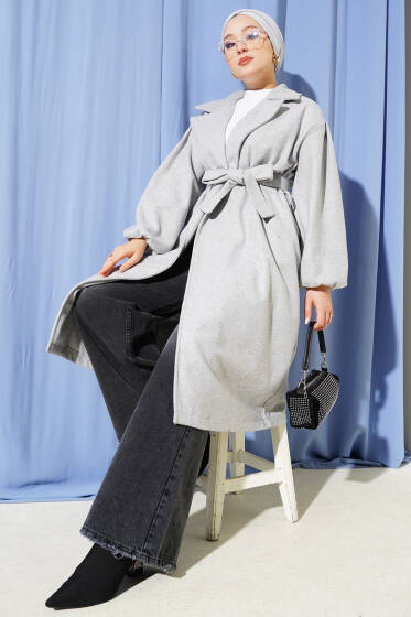 Cepli Kuşaklı Kruvaze Yaka Kaşe Kaban Gri - Kaban