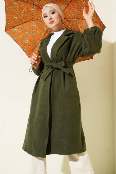 Cepli Kuşaklı Kruvaze Yaka Kaşe Kaban Haki - Kaban