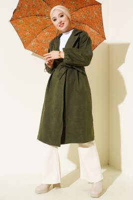 Cepli Kuşaklı Kruvaze Yaka Kaşe Kaban Haki - Kaban