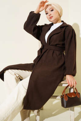 Cepli Kuşaklı Kruvaze Yaka Kaşe Kaban Kahve - Kaban