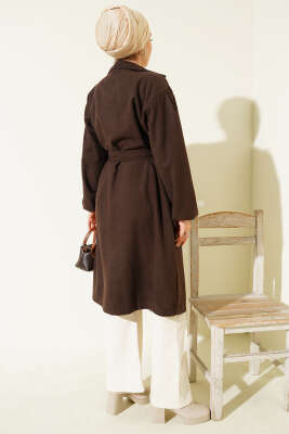 Cepli Kuşaklı Kruvaze Yaka Kaşe Kaban Kahve - Kaban