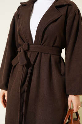 Cepli Kuşaklı Kruvaze Yaka Kaşe Kaban Kahve - Kaban