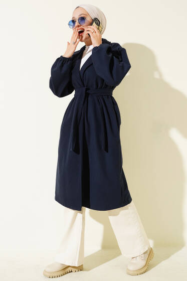 Cepli Kuşaklı Kruvaze Yaka Kaşe Kaban Lacivert - Kaban